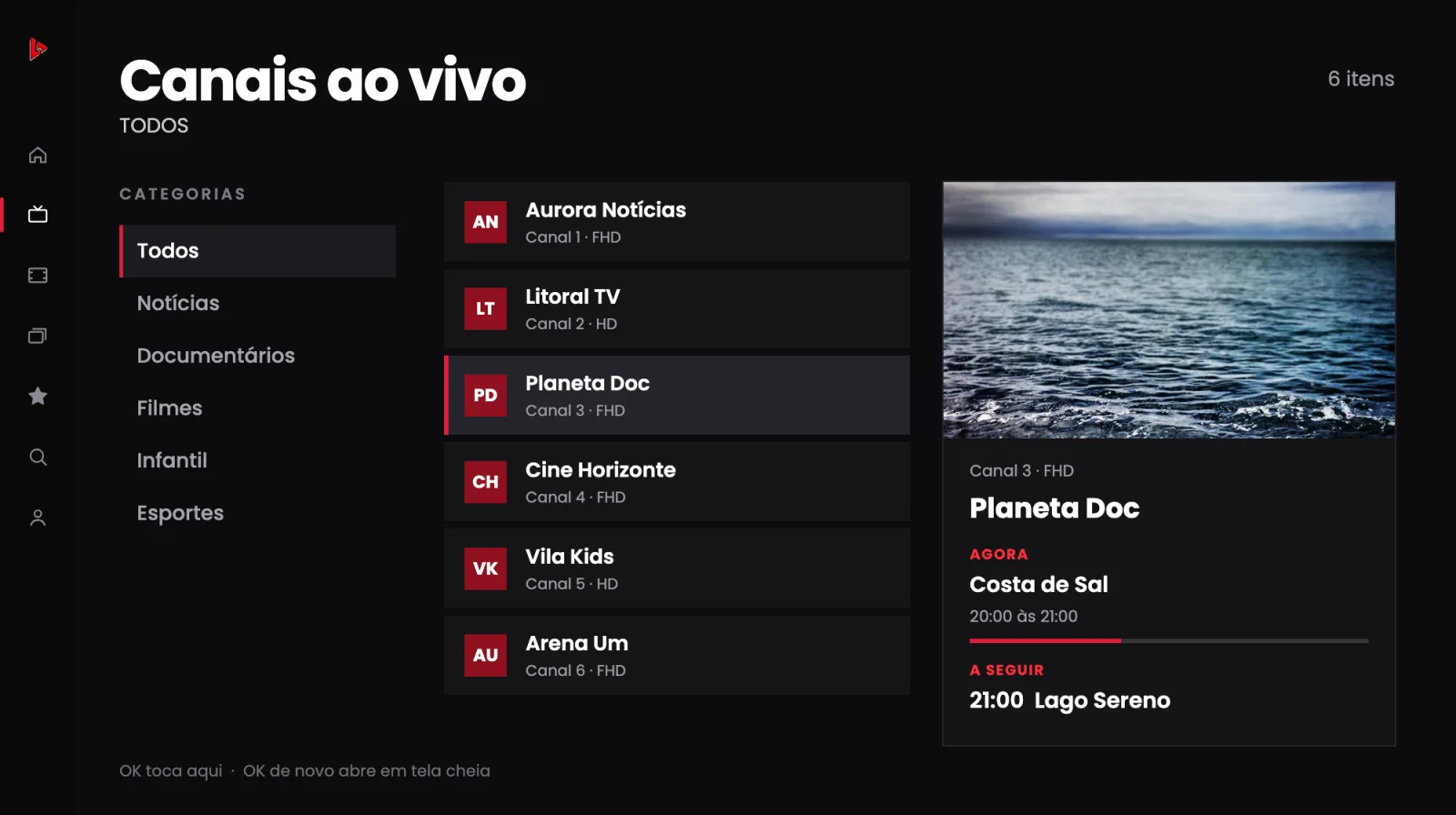 LIBEROU PLAYER live channels screen with fictional channels